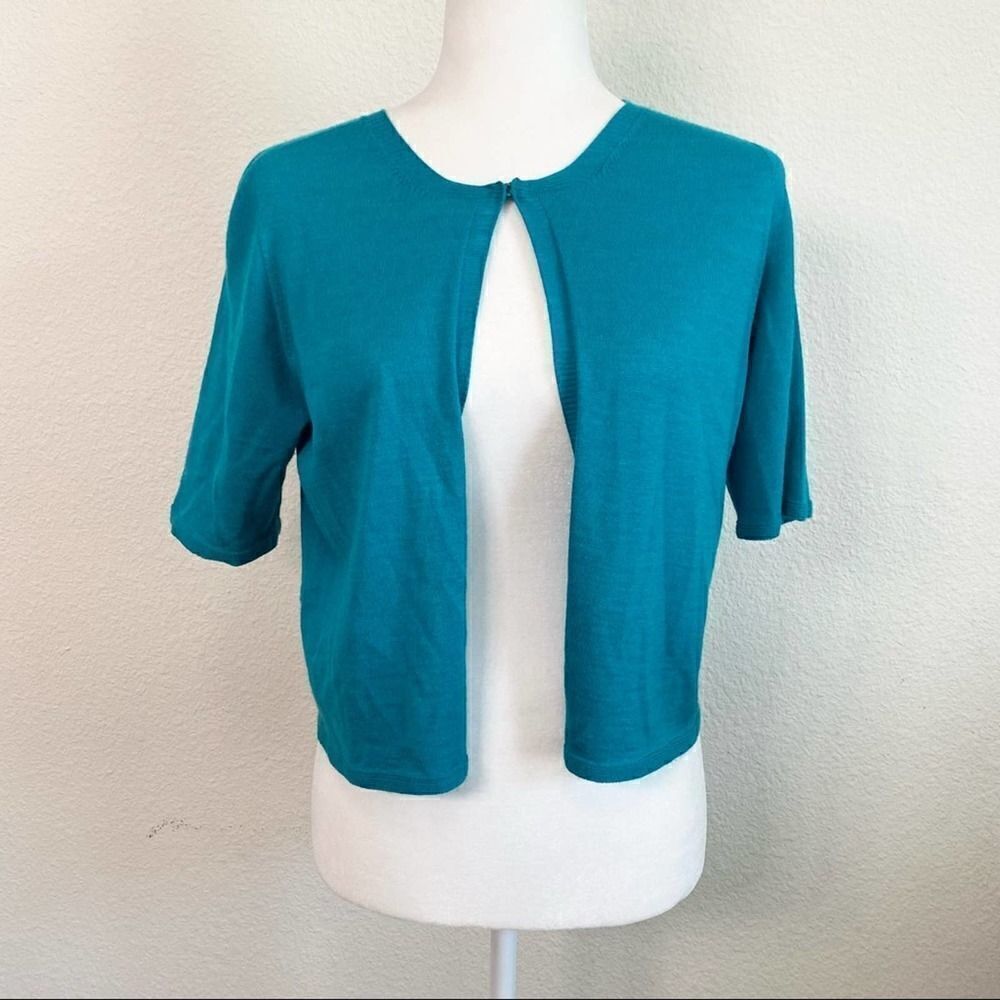 ARMANI Collezioni Teal Open Front Short Sleeve Relaxed Shrug Sweater Size 8 Soft